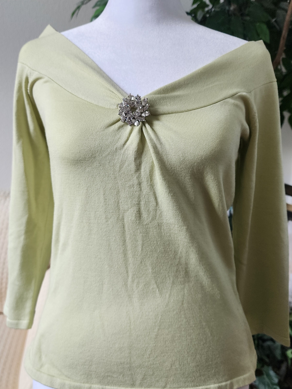 INC International Concepts Lime Off-Shoulder Top with Rhinestone Brooch